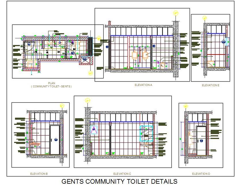 Commercial Gents Toilet DWG- Brick Partitions & Urinal Design